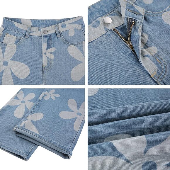 Women's Flower Print Y2K Fashion Wide Leg High Waist Denim Pants Boyfriend Jeans - Picture 6 of 6